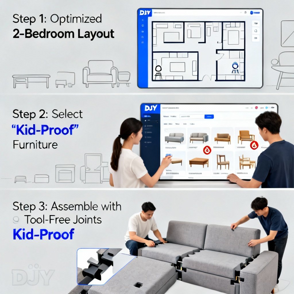 Step-by-step tutorial infographic: 1) DJY’s 2D online planner interface showing the optimized 2-bedroom layout; 2) Couple selecting “Kid-Proof” furniture on DJY’s website; 3) Two people assembling the DJY sofa with tool-free snap-fit joints; clean, minimal design with DJY’s brand blue accents