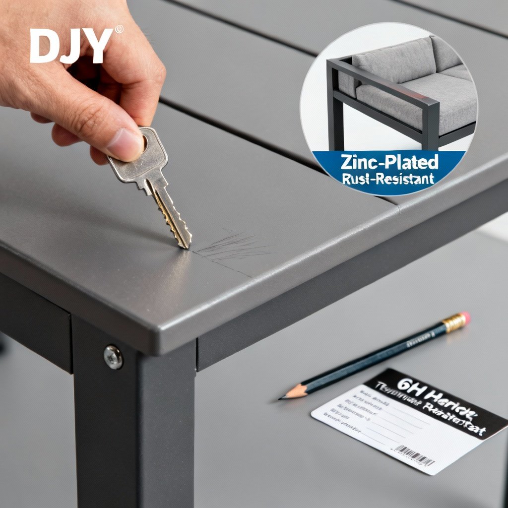 Close-up technical product shot: DJY’s HDPE dining table top being scraped with a metal key, no scratch visible; inset close-up of a 12-gauge steel sofa frame with “Zinc-Plated Rust-Resistant” labeling, and a 6H pencil hardness test card lying next to the table