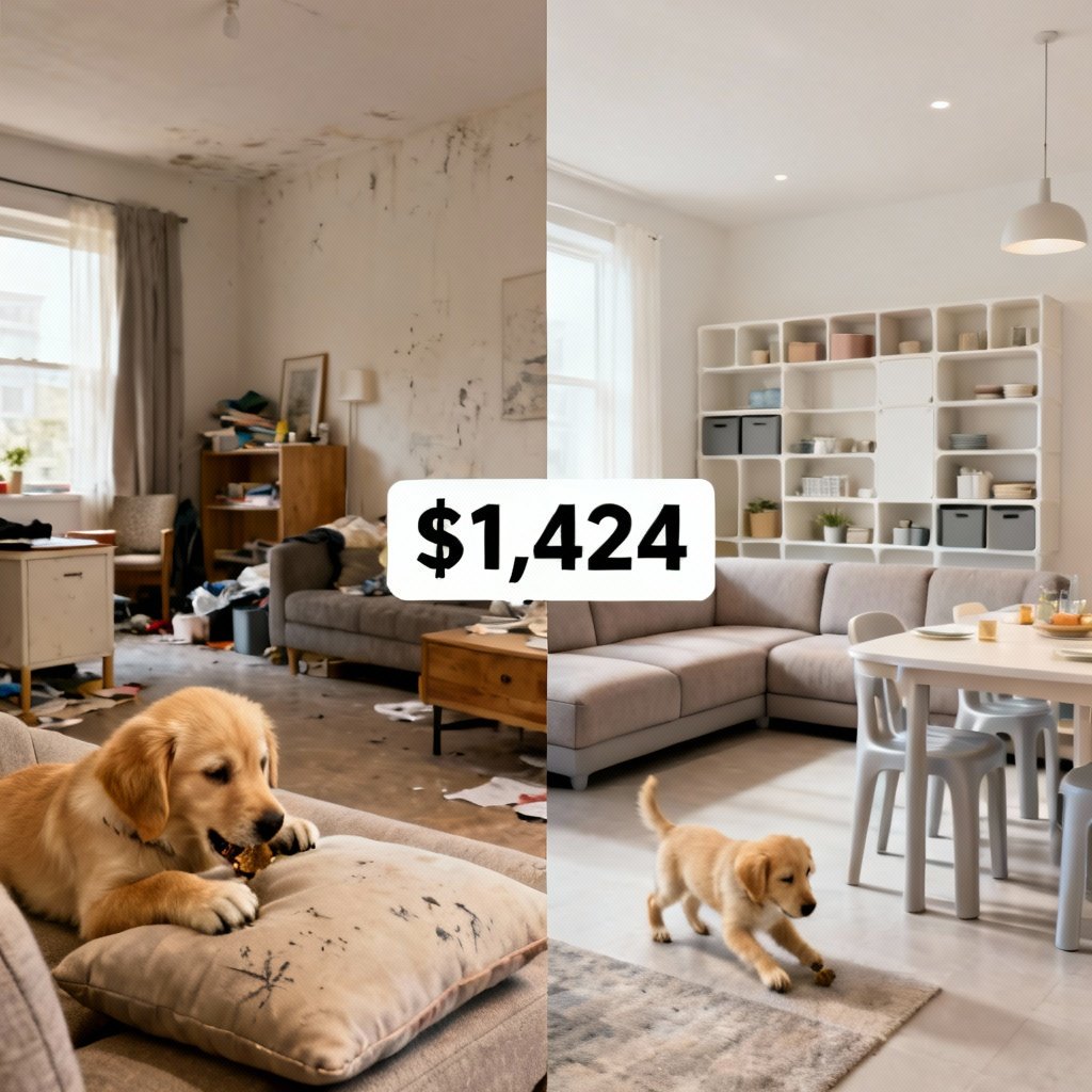 Photorealistic side-by-side split image: left shows a cluttered 2-bedroom living area with scuffed hand-me-down furniture, a golden retriever puppy chewing a sofa cushion; right shows the transformed bright space with DJY’s scratch-resistant L-shaped sofa, HDPE dining set, and modular storage, puppy playing safely on the floor; include a $1,424 price tag overlay for budget context